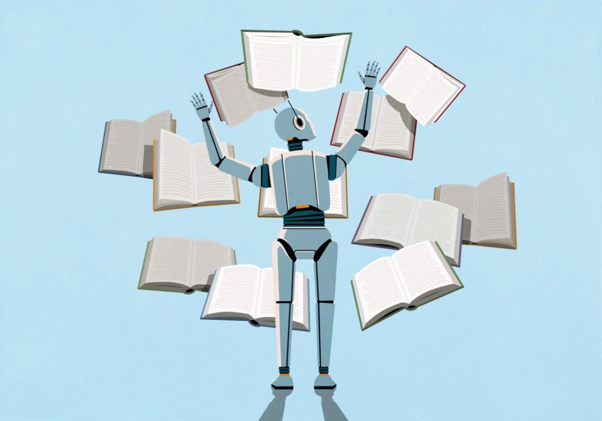 render of LLM AI bot reading multiple books at once