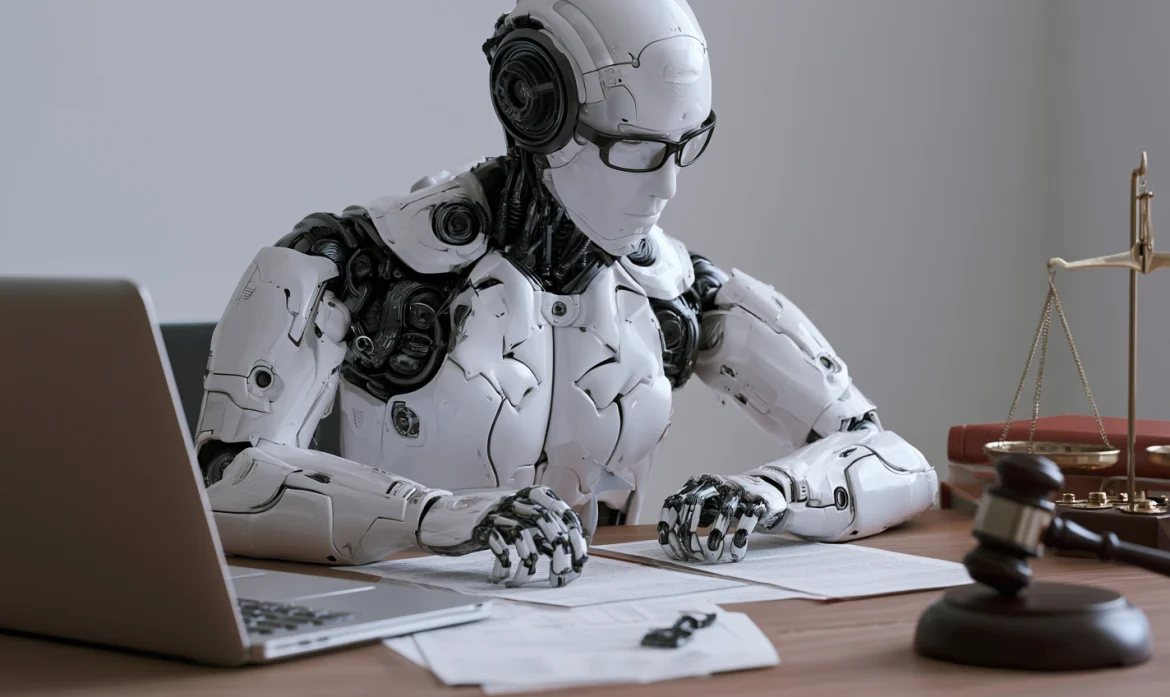A robot working at a desk, with a gavel and scales in the background.